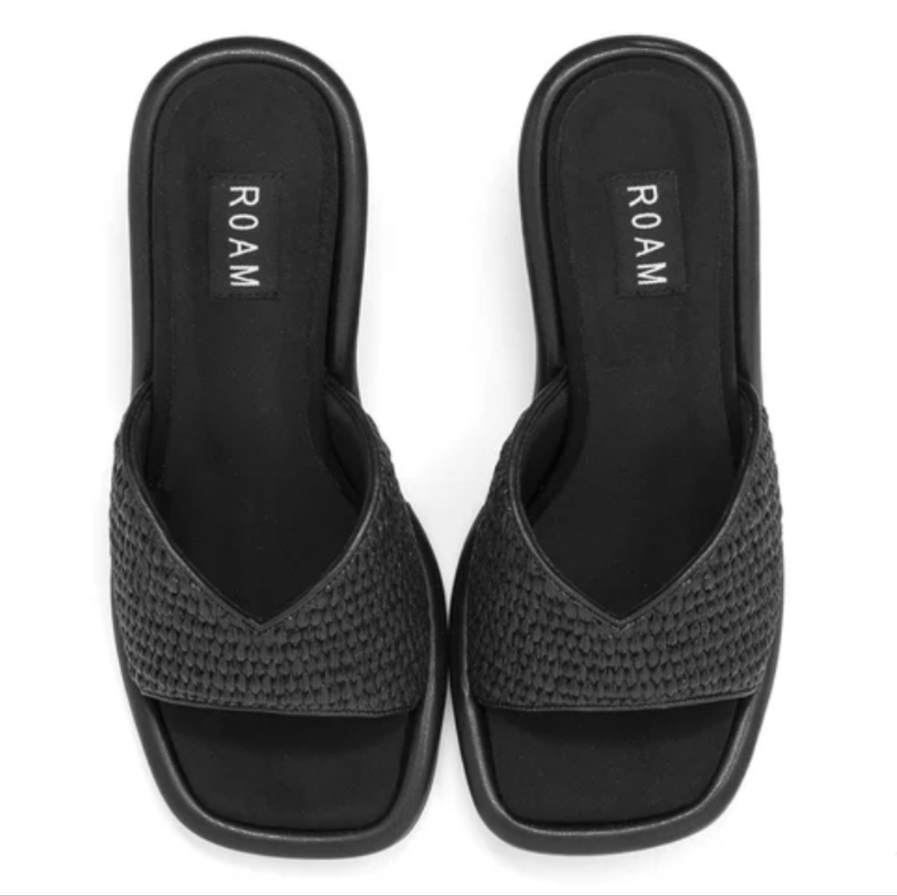 Roam Chevy Heel Black Raffia Textured Black Rattan Woven Slide Kitten Heels